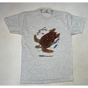 VINTAGE Turtle Fish Miami Graphic T-shirt Men Large Gray Short Sleeve Earth